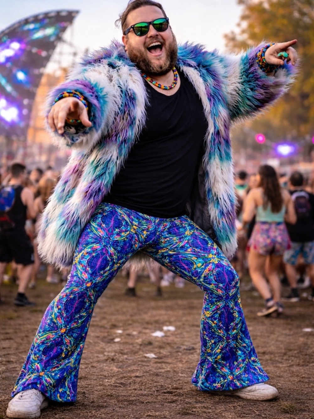 BurningMan Festival Leggings Neon Bell Bottom Men’s XXL Rave Psychedelic Glow